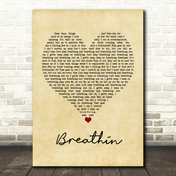 Ariana Grande Breathin Vintage Heart Song Lyric Music Print