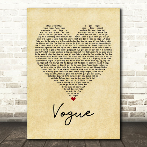 Madonna Vogue Vintage Heart Song Lyric Music Print