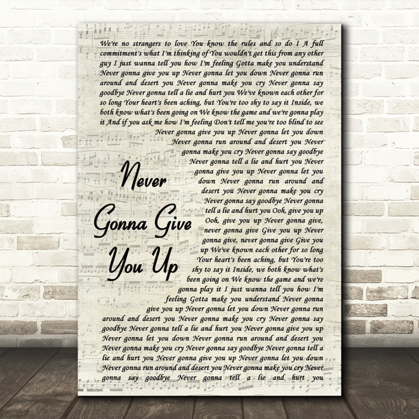 Rick Astley Never Gonna Give You Up Vintage Script Song Lyric Music Print
