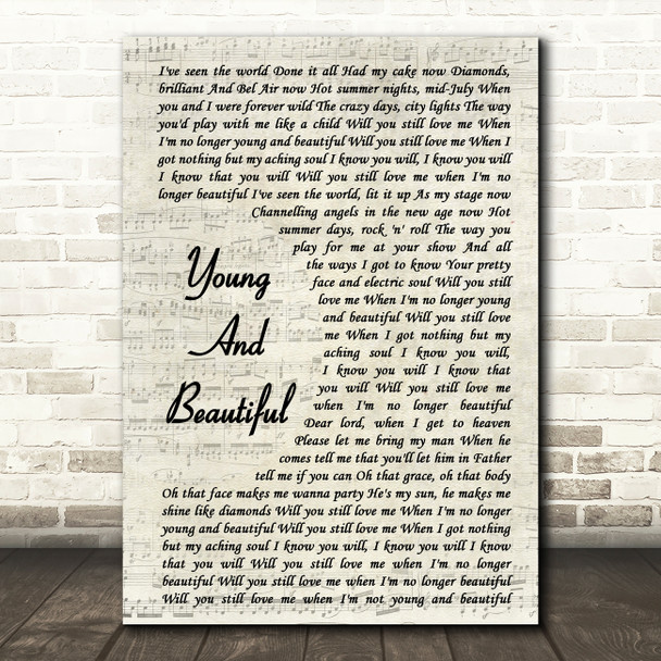Lana Del Rey Young And Beautiful Vintage Script Song Lyric Music Print