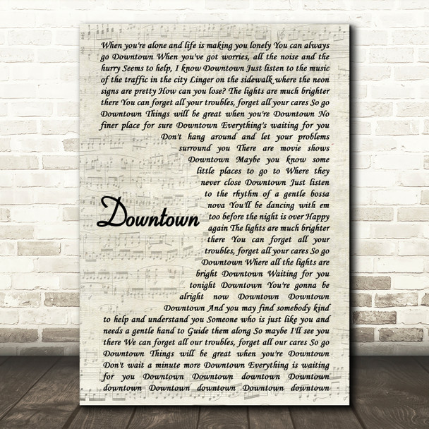 Petula Clark Downtown Vintage Script Song Lyric Music Print