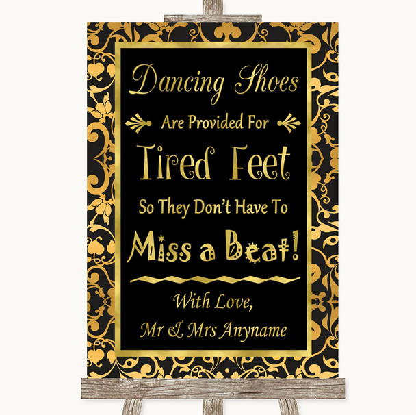 Black & Gold Damask Dancing Shoes Flip-Flop Tired Feet Personalized Wedding Sign