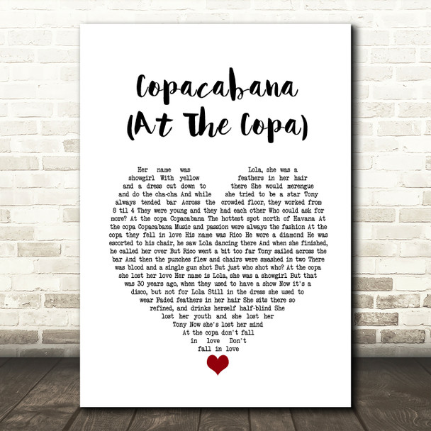 Barry Manilow Copacabana (At The Copa) White Heart Song Lyric Music Print