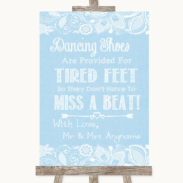 Blue Burlap & Lace Dancing Shoes Flip-Flop Tired Feet Personalized Wedding Sign