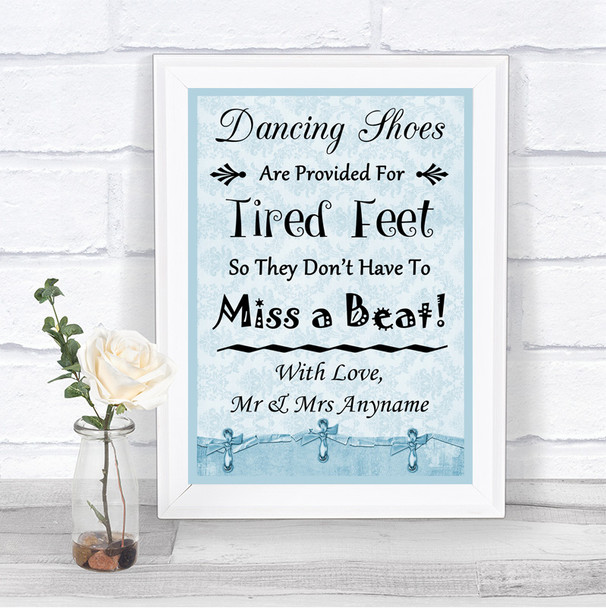 Blue Shabby Chic Dancing Shoes Flip-Flop Tired Feet Personalized Wedding Sign