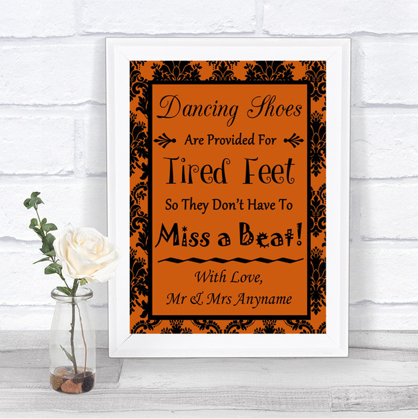 Burnt Orange Damask Dancing Shoes Flip-Flop Tired Feet Personalized Wedding Sign