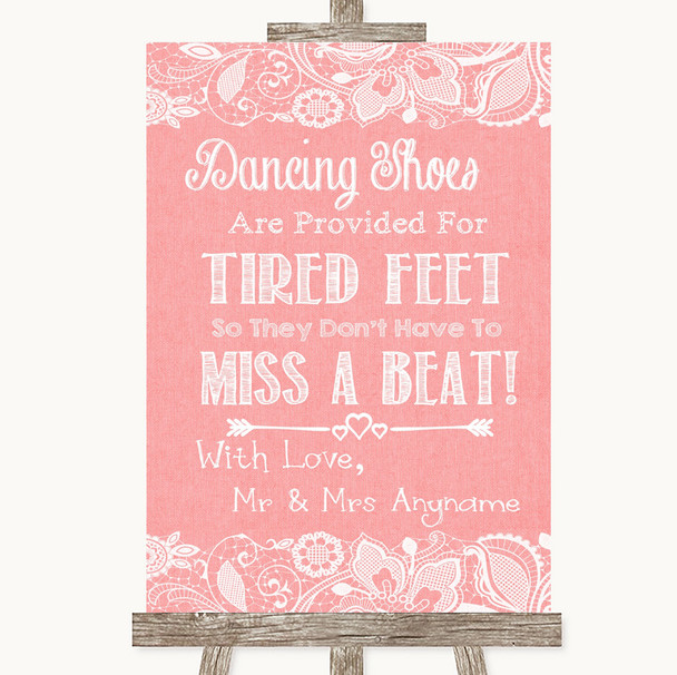 Coral Burlap & Lace Dancing Shoes Flip-Flop Tired Feet Personalized Wedding Sign