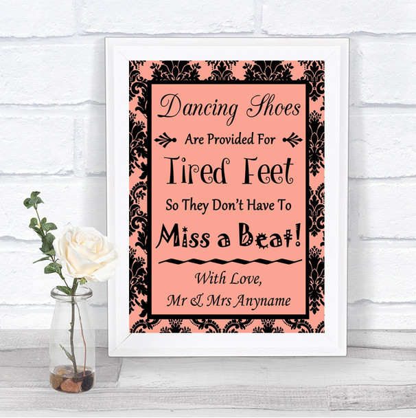 Coral Damask Dancing Shoes Flip-Flop Tired Feet Personalized Wedding Sign