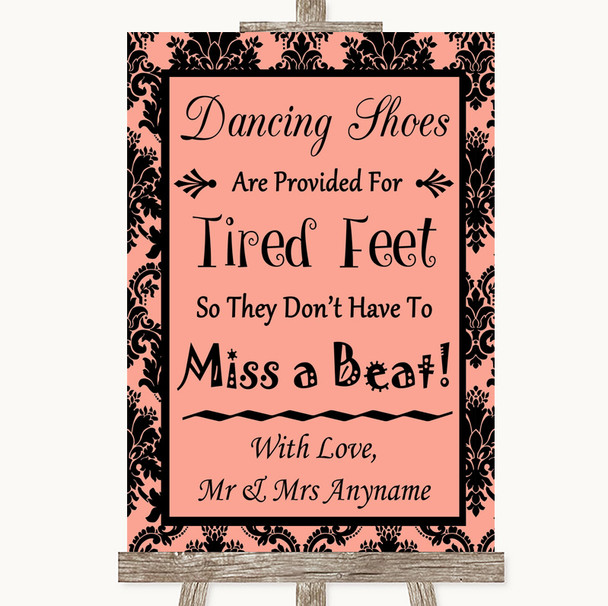 Coral Damask Dancing Shoes Flip-Flop Tired Feet Personalized Wedding Sign