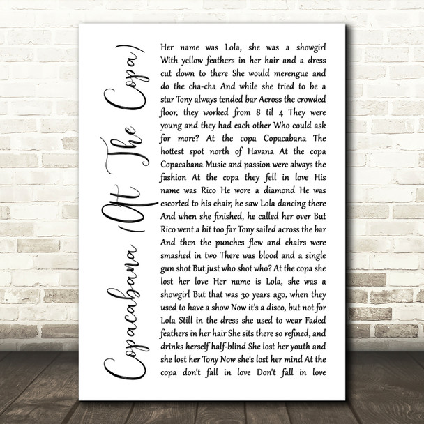 Barry Manilow Copacabana (At The Copa) White Script Song Lyric Music Print