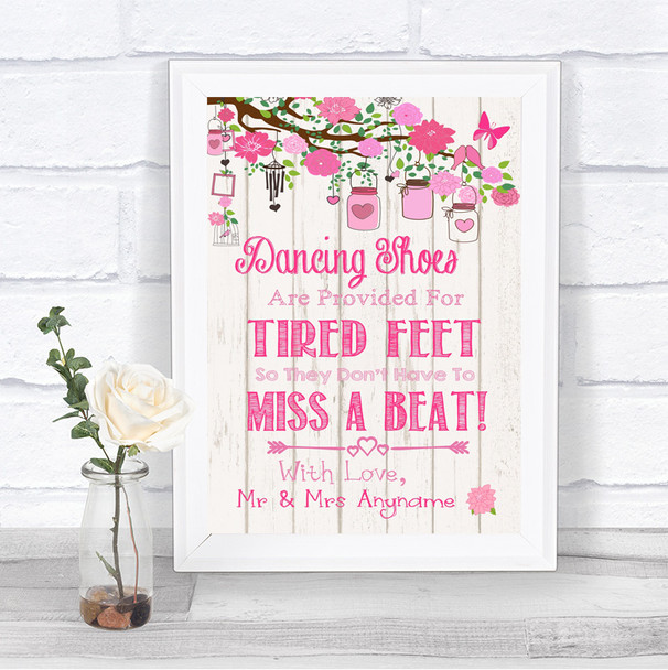 Pink Rustic Wood Dancing Shoes Flip-Flop Tired Feet Personalized Wedding Sign