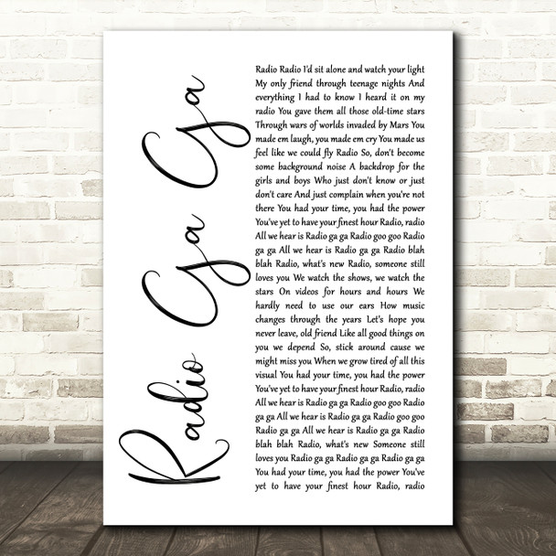 Queen Radio Ga Ga White Script Song Lyric Music Print