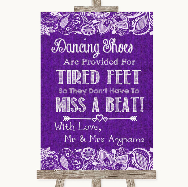 Purple Burlap & Lace Dancing Shoes Flip-Flop Tired Feet Wedding Sign