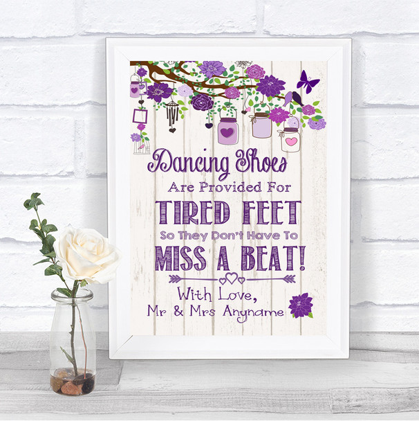 Purple Rustic Wood Dancing Shoes Flip-Flop Tired Feet Personalized Wedding Sign