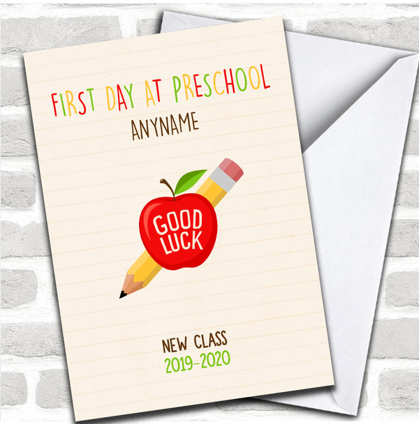 Apple Pencil Good First Day Of Preschool Good Luck Personalized Card
