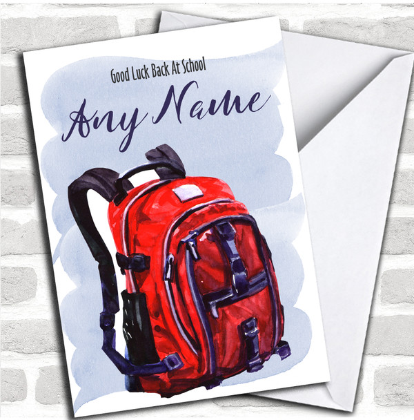 Watercolour Red Backpack Back To School Good Luck Personalized Card