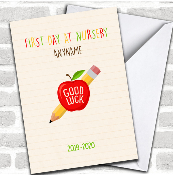 Apple Pencil Good First Day Of Nursery Good Luck Personalized Card