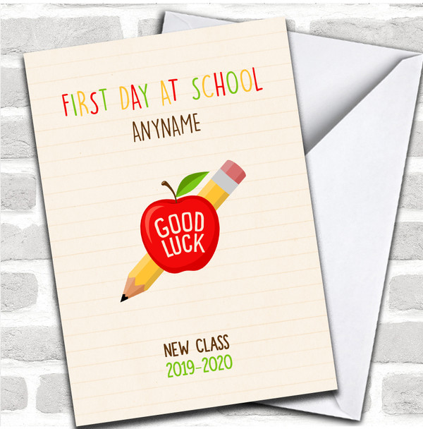 Apple Pencil Good First Day Of School Good Luck Personalized Card