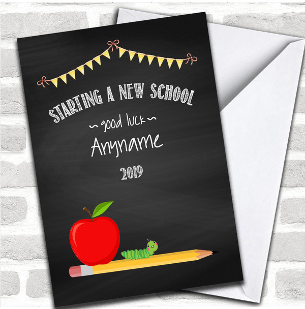 Chalk Apple & Caterpillar New School Good Luck Personalized Card