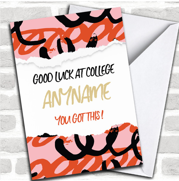 Pattern Pink Scribble Style College Good Luck Personalized Card