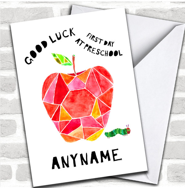 Funky Apple First Day At Preschool Good Luck Personalized Card