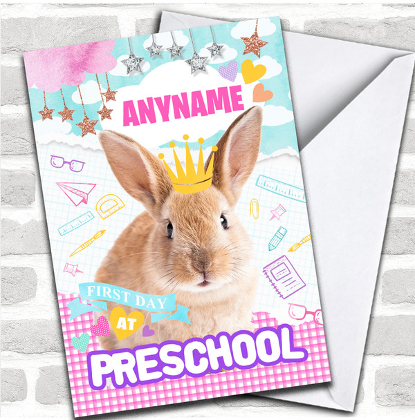 Cute Bunny First Day At Preschool Good Luck Personalized Card