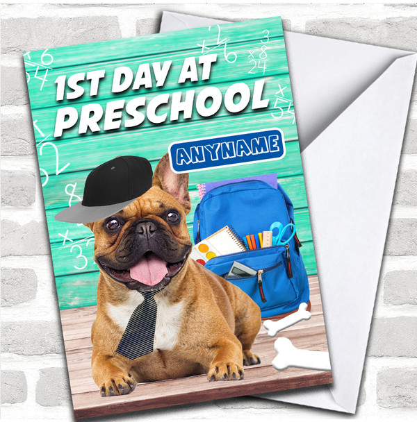 Funny Pug Frist Day At Preschool Good Luck Personalized Card