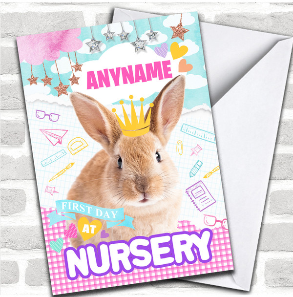 Cute Bunny First Day At Nursery Good Luck Personalized Card