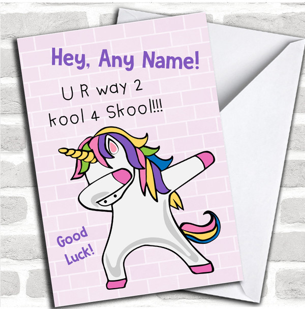 Dabbing Unicorn New School Good Luck Personalized Card