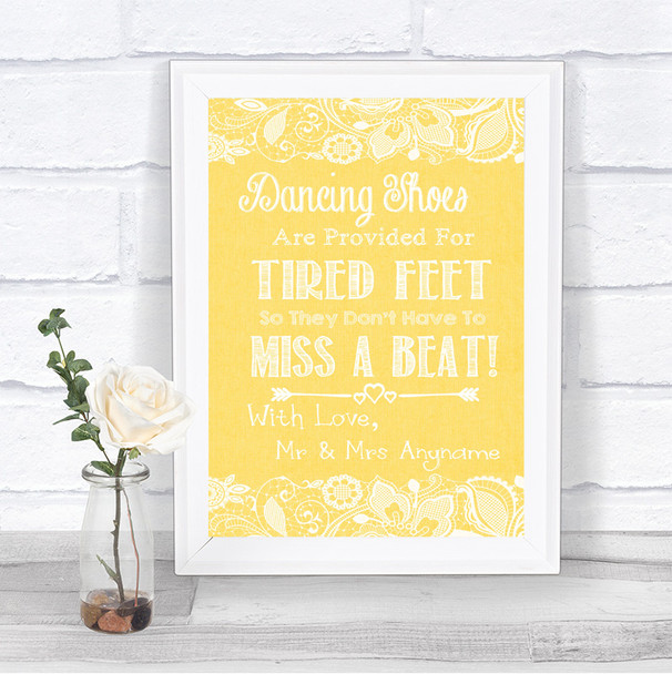 Yellow Burlap & Lace Dancing Shoes Flip-Flop Tired Feet Wedding Sign