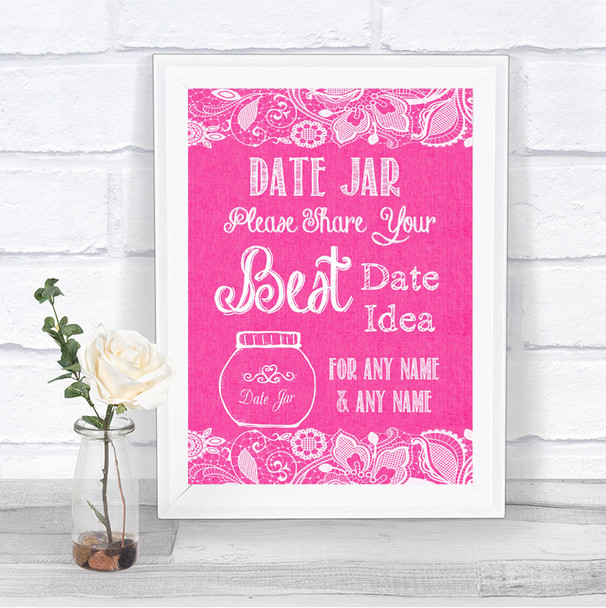 Bright Pink Burlap & Lace Date Jar Guestbook Personalized Wedding Sign