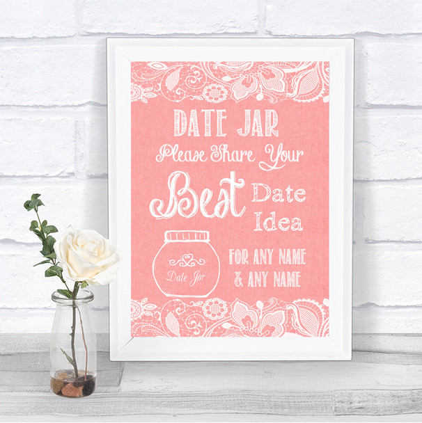 Coral Burlap & Lace Date Jar Guestbook Personalized Wedding Sign