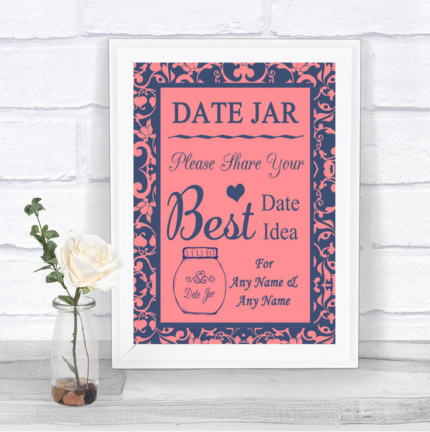 Coral Pink & Blue Date Jar Guestbook Personalized Wedding Sign