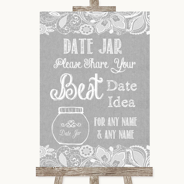 Grey Burlap & Lace Date Jar Guestbook Personalized Wedding Sign