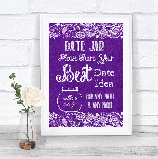 Purple Burlap & Lace Date Jar Guestbook Personalized Wedding Sign