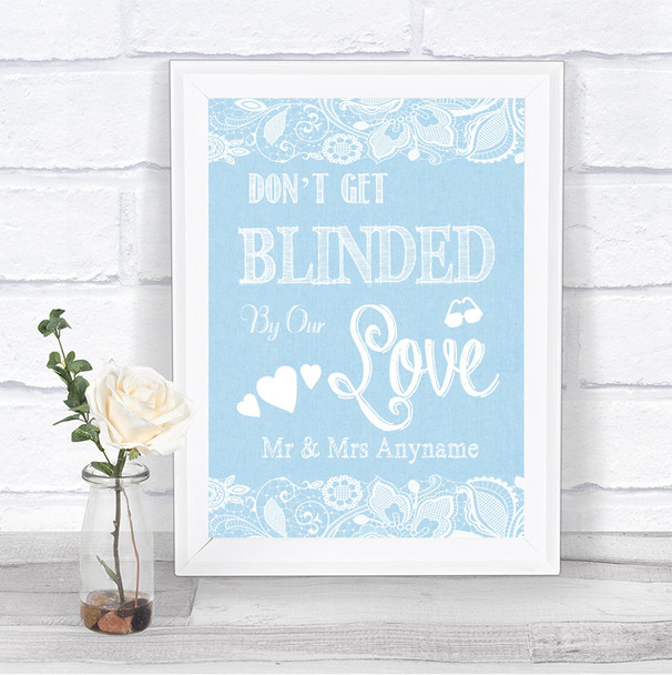 Blue Burlap & Lace Don't Be Blinded Sunglasses Personalized Wedding Sign