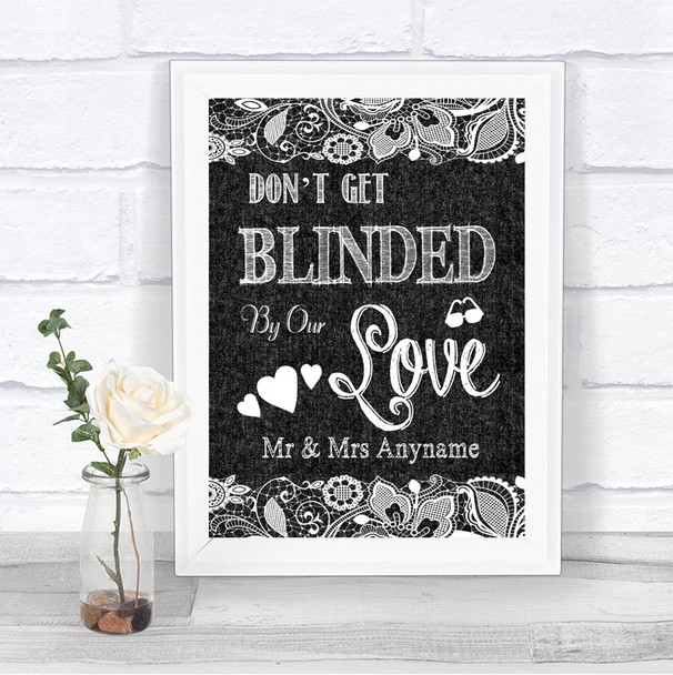 Dark Grey Burlap & Lace Don't Be Blinded Sunglasses Personalized Wedding Sign