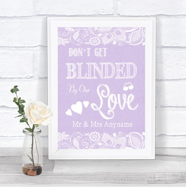 Lilac Burlap & Lace Don't Be Blinded Sunglasses Personalized Wedding Sign