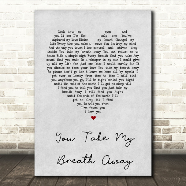 Queen You Take My Breath Away Grey Heart Song Lyric Music Print