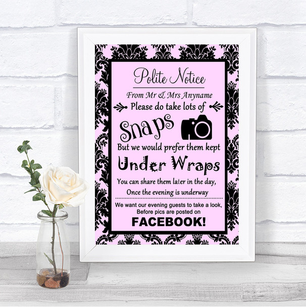 Baby Pink Damask Don't Post Photos Facebook Personalized Wedding Sign