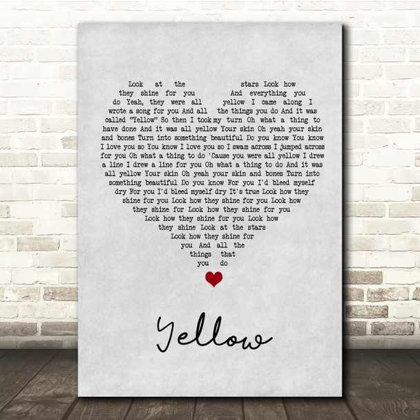 Coldplay Yellow Grey Heart Song Lyric Music Print