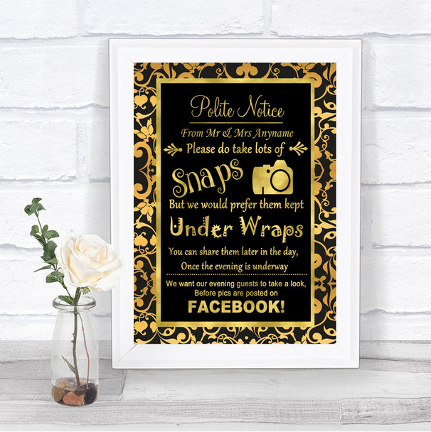 Black & Gold Damask Don't Post Photos Facebook Personalized Wedding Sign