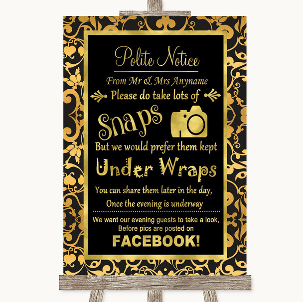 Black & Gold Damask Don't Post Photos Facebook Personalized Wedding Sign