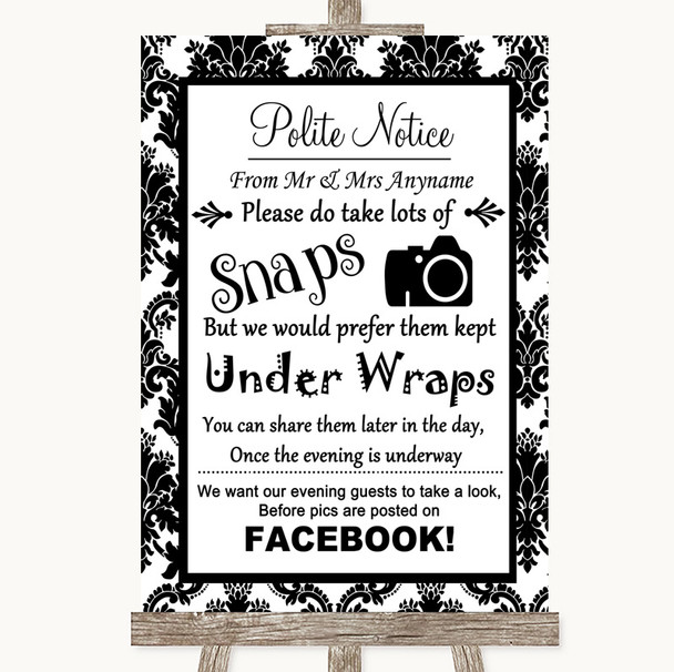 Black & White Damask Don't Post Photos Facebook Personalized Wedding Sign