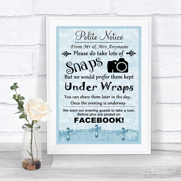 Blue Shabby Chic Don't Post Photos Facebook Personalized Wedding Sign