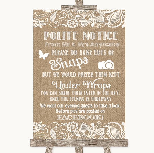 Burlap & Lace Don't Post Photos Facebook Personalized Wedding Sign
