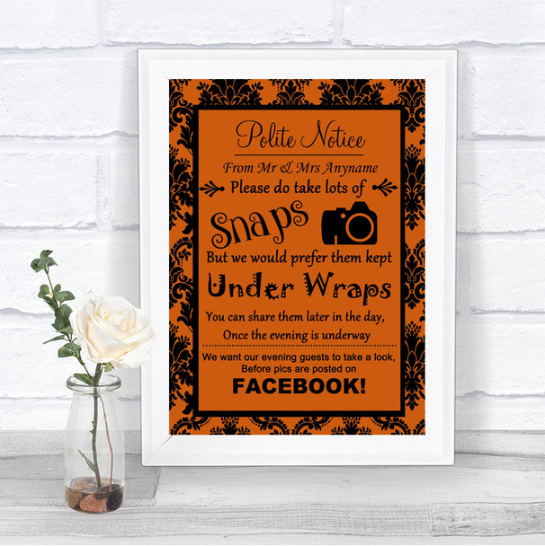 Burnt Orange Damask Don't Post Photos Facebook Personalized Wedding Sign