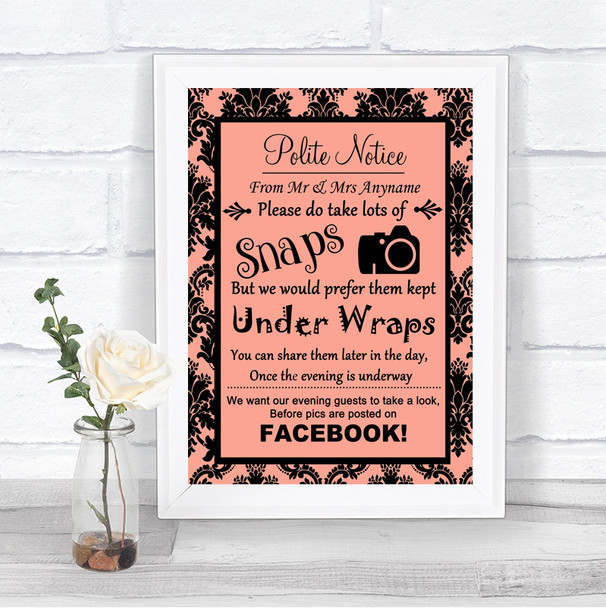 Coral Damask Don't Post Photos Facebook Personalized Wedding Sign