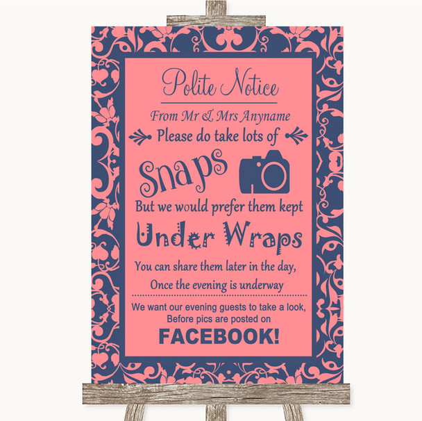 Coral Pink & Blue Don't Post Photos Facebook Personalized Wedding Sign