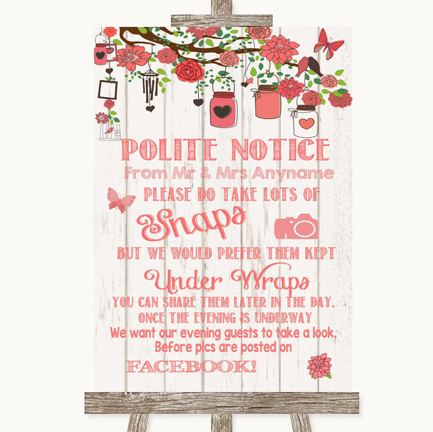 Coral Rustic Wood Don't Post Photos Facebook Personalized Wedding Sign